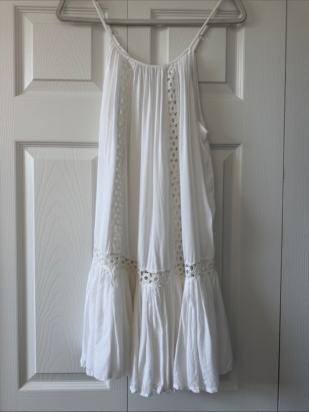 141- White Crochet-Trim Spaghetti Strap Mini Dress